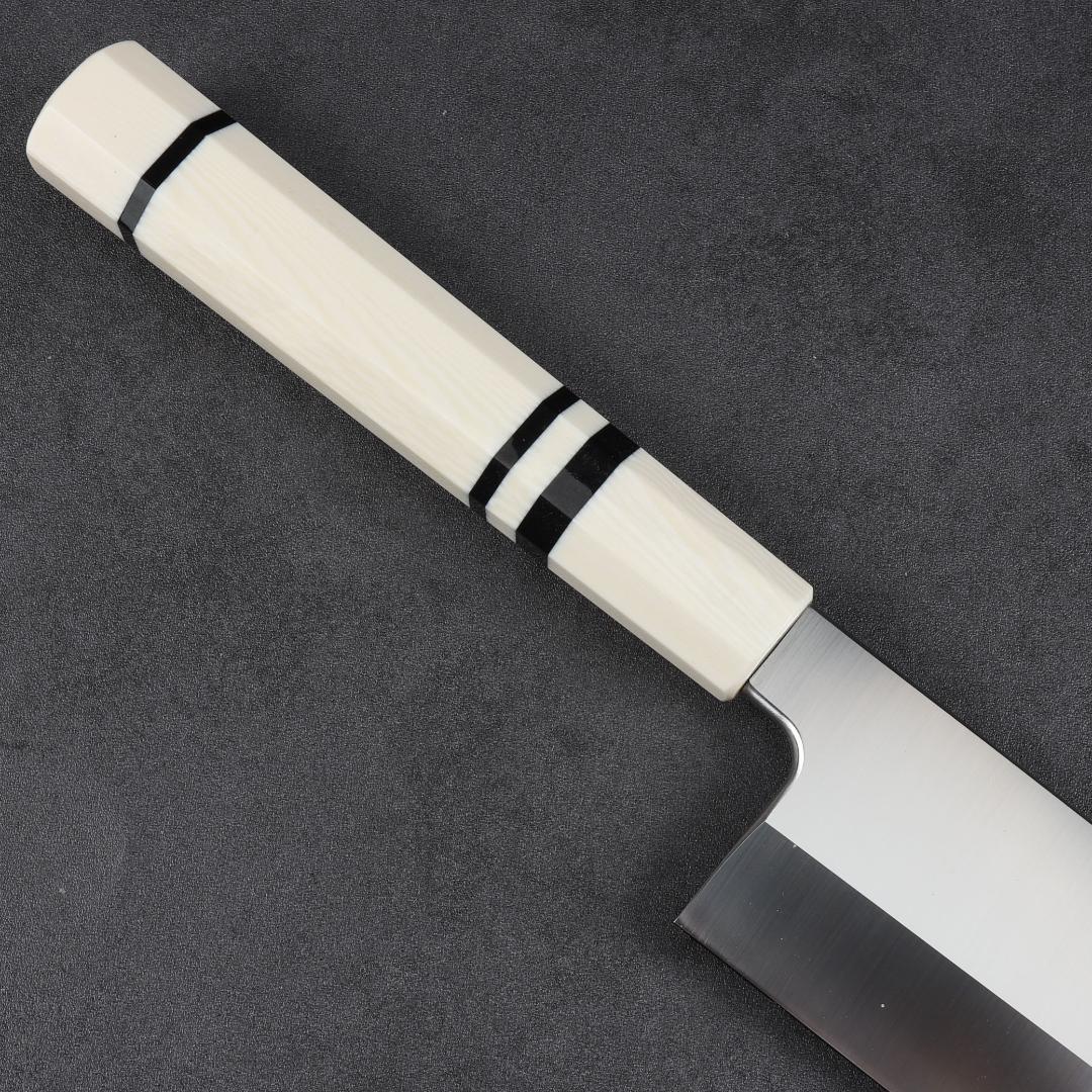 7019 鎌型薄刃包丁 8寸 刃渡り240mm 刺身包丁 人工象牙黒三本巻八角柄