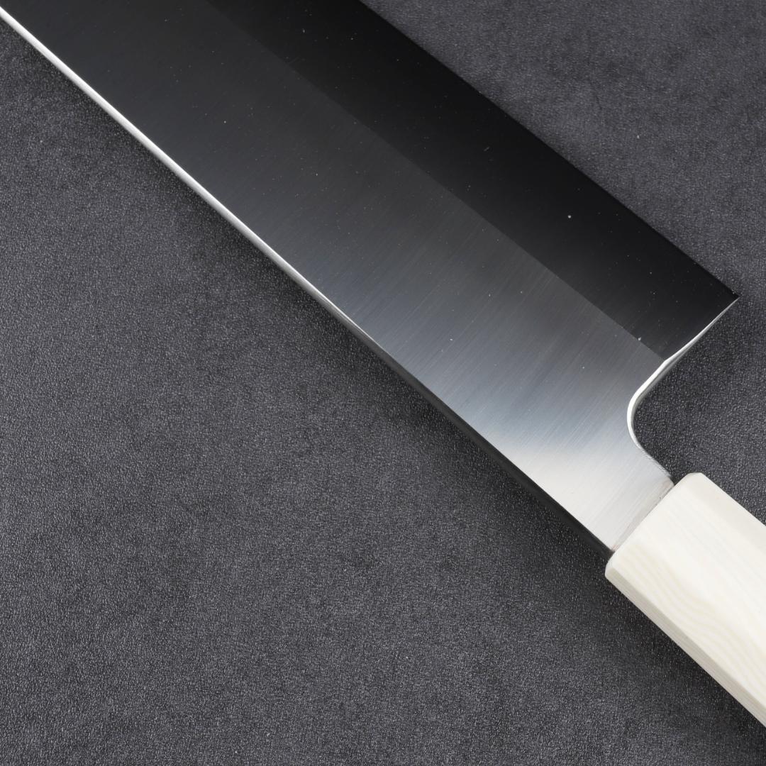 7019 鎌型薄刃包丁 8寸 刃渡り240mm 刺身包丁 人工象牙黒三本巻八角柄