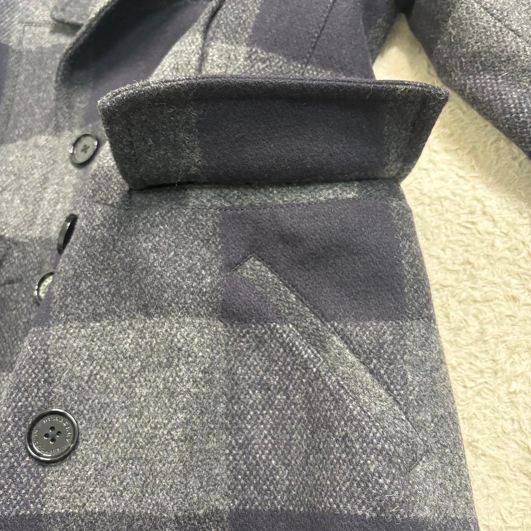 貴重 バーバリーブラックレーベル ウールピーコート ネイビー・グレー 総柄