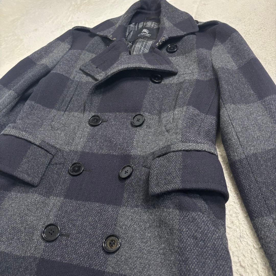 貴重 バーバリーブラックレーベル ウールピーコート ネイビー・グレー 総柄