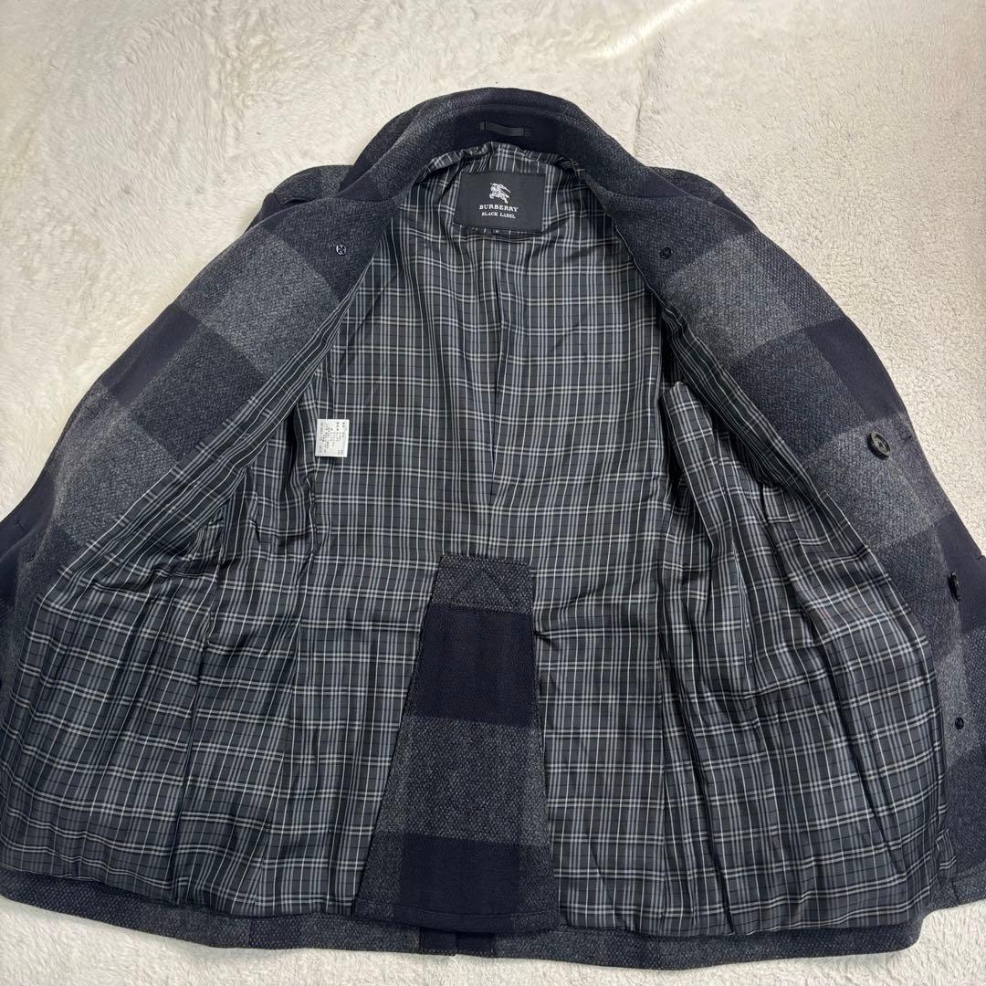 貴重 バーバリーブラックレーベル ウールピーコート ネイビー・グレー 総柄