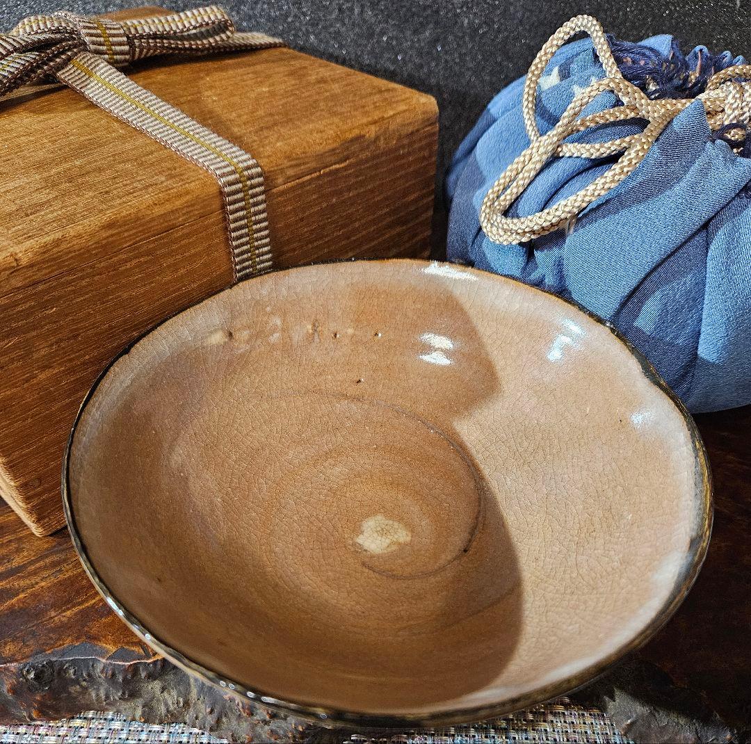 明治時代　古萩　割高台　茶碗　直径約14.1cm　時代箱　仕覆付き　茶道具　茶器