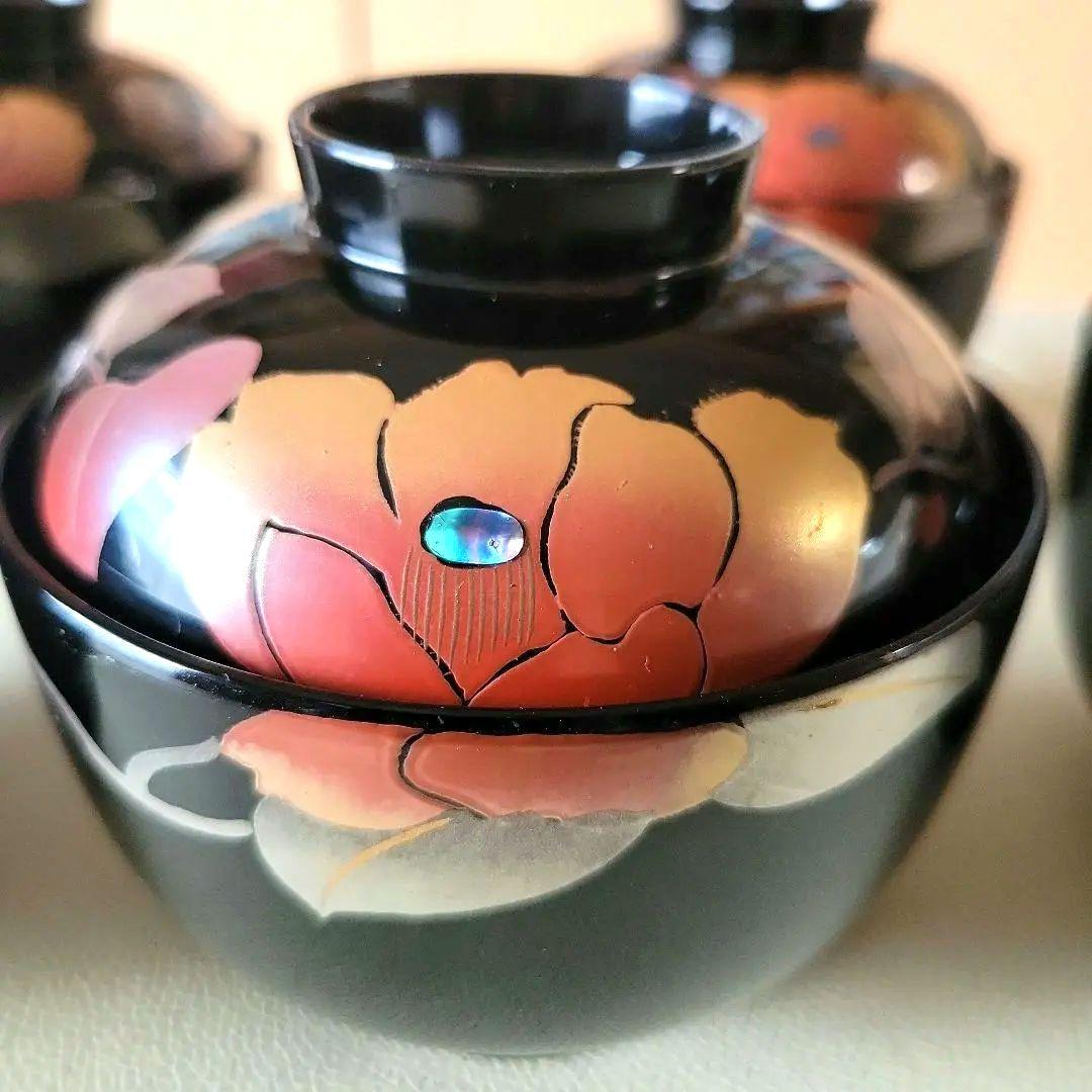 【希少】会津塗　照井久良人の山茶花時絵 汁椀 5客　伝統工芸品