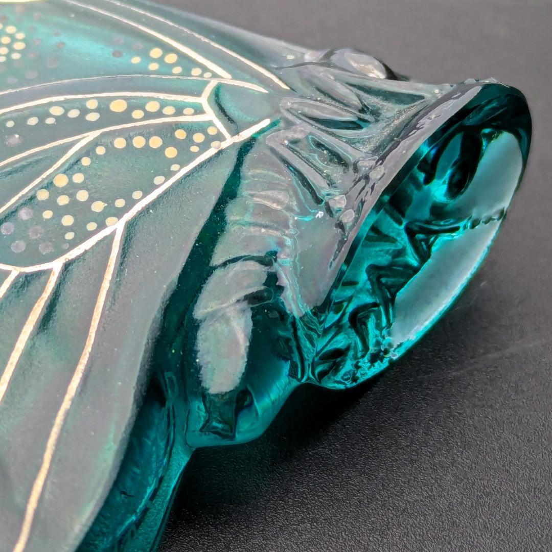 卓上芸術 ラリック 青ガラス彩色 パピヨン蝶オブジェ入手至難　精密エナメル