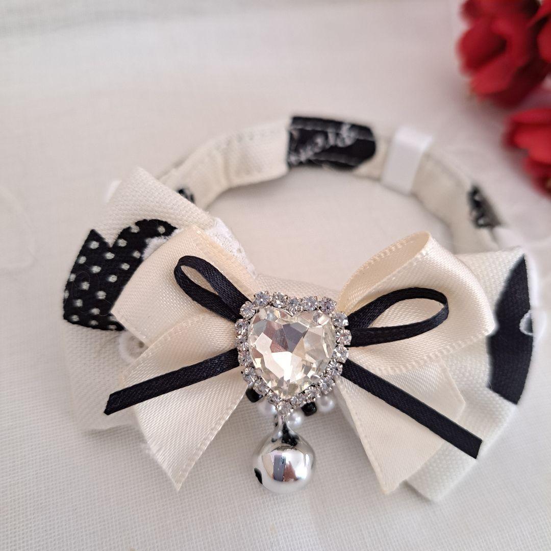 シングルリボン、バレンタインハート柄(ホワイト)わんちゃん猫ちゃん用首輪