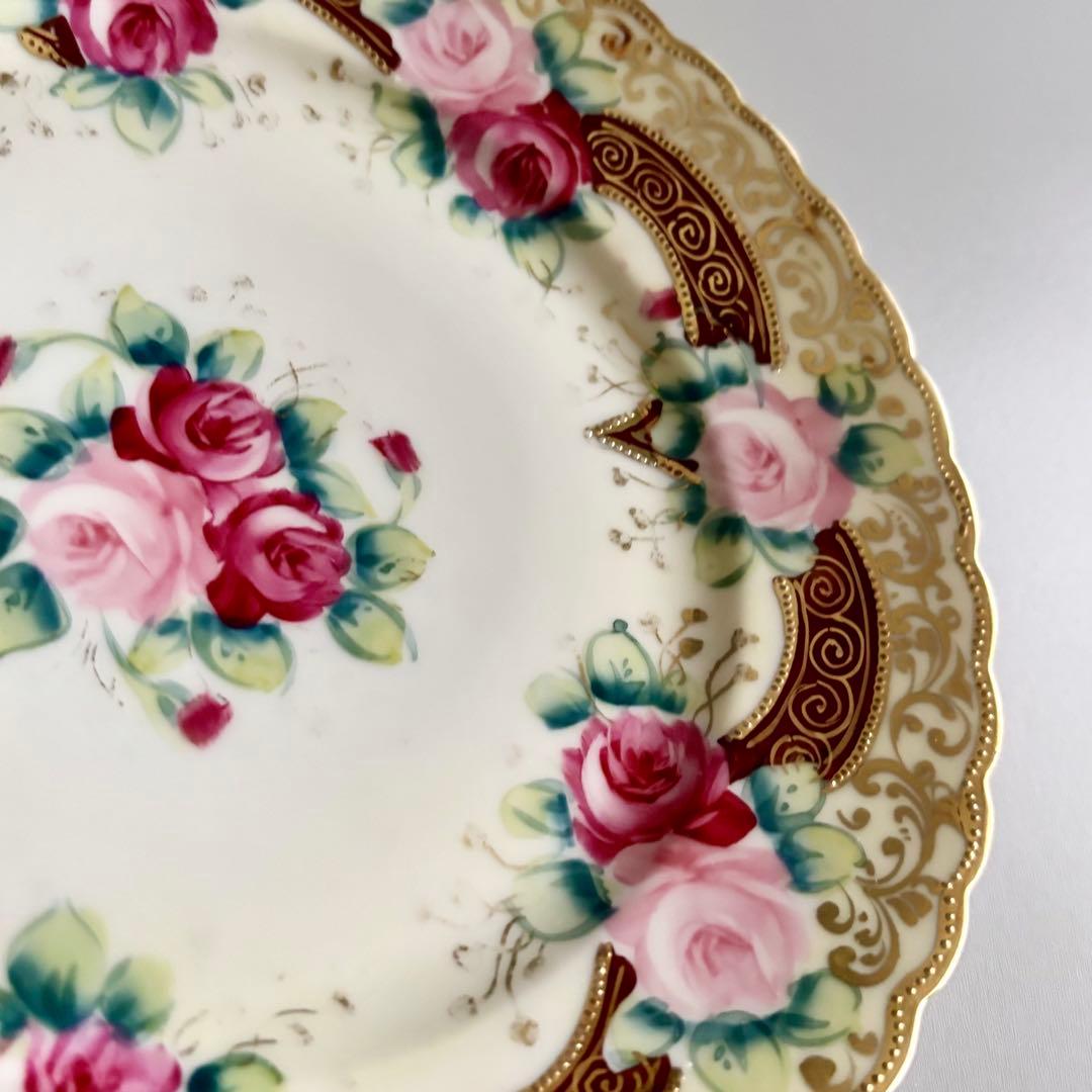 アンティーク　オールドノリタケ　初期メイプルリーフ印　薔薇金彩プレート【稀少品】