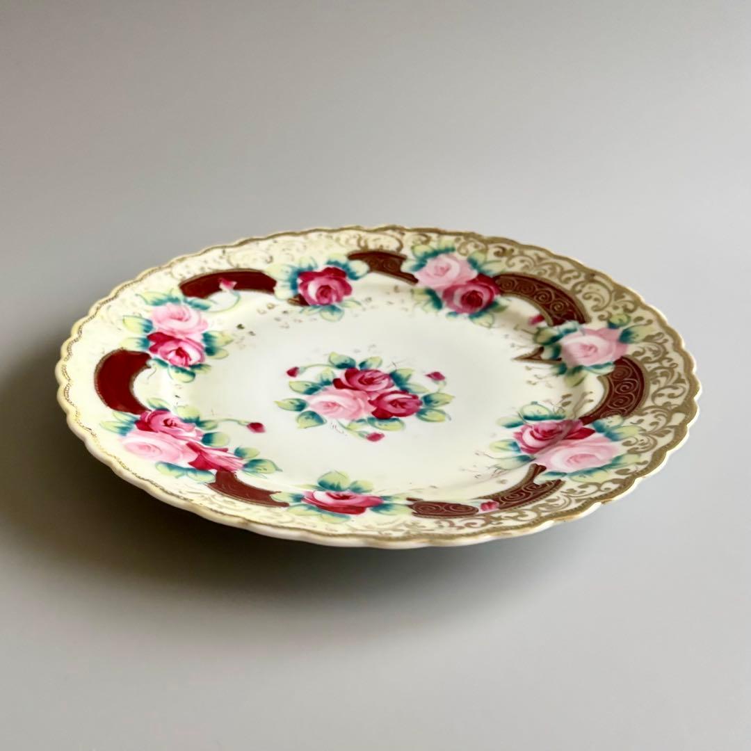 アンティーク　オールドノリタケ　初期メイプルリーフ印　薔薇金彩プレート【稀少品】