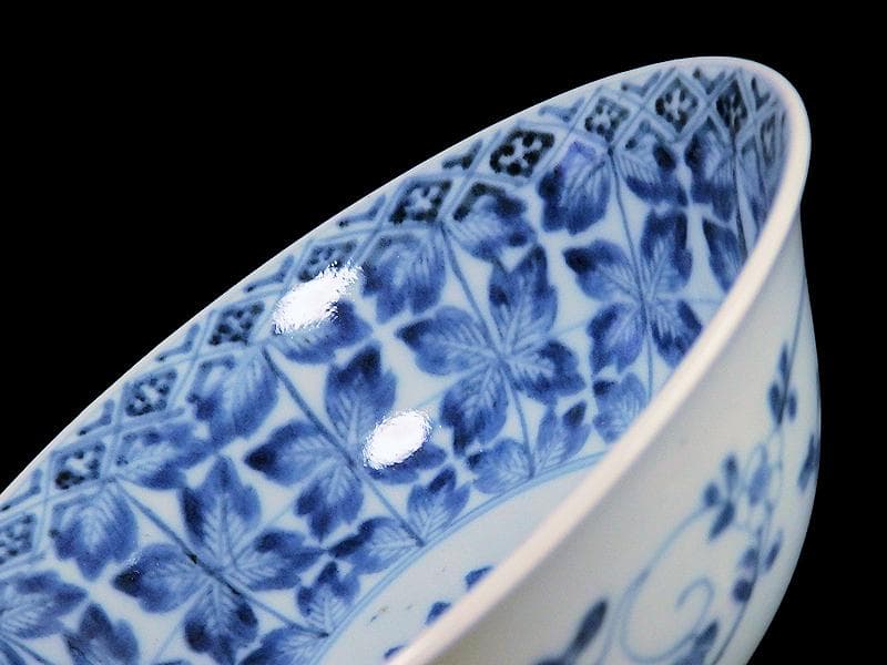 古伊万里　染付　牡丹葉繋ぎ紋　膾皿　春寒鉢　江戸期　C617AS-CVp