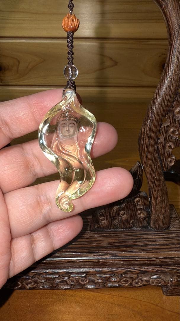 天然シトリン専門店手彫り彫刻 観音菩薩×菩提樹×如意 縁起物 セミオーダー置物