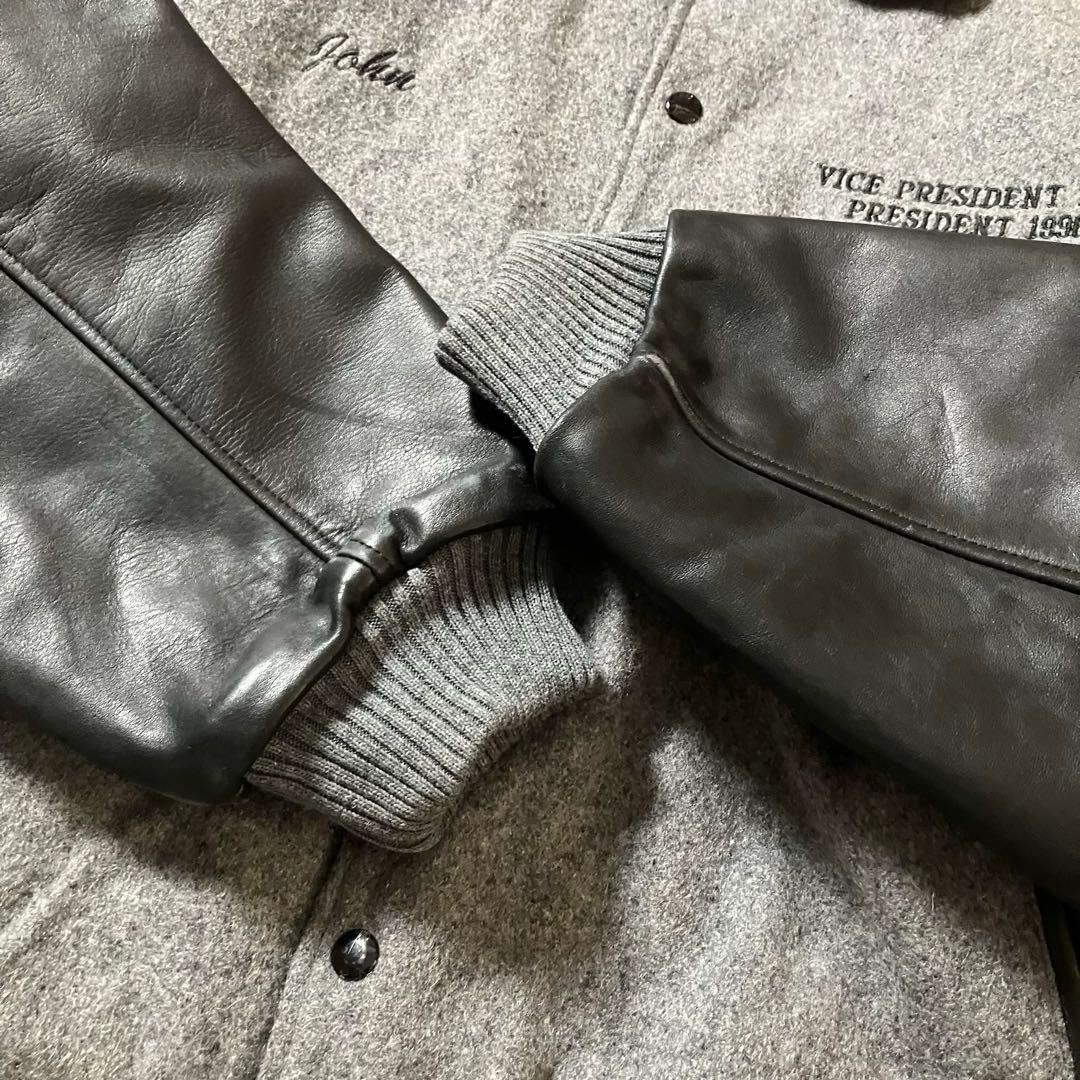 90sUSA製ウールレザーLAKCKARTCLUBスタジャングレー×ブラック