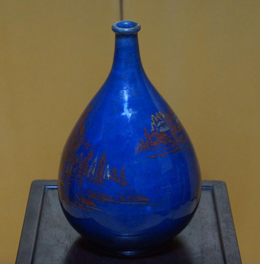 江戸時代中期 古伊万里瑠璃手 大型徳利 金銀彩赤絵 『山水風景図』飾り壺★時代物