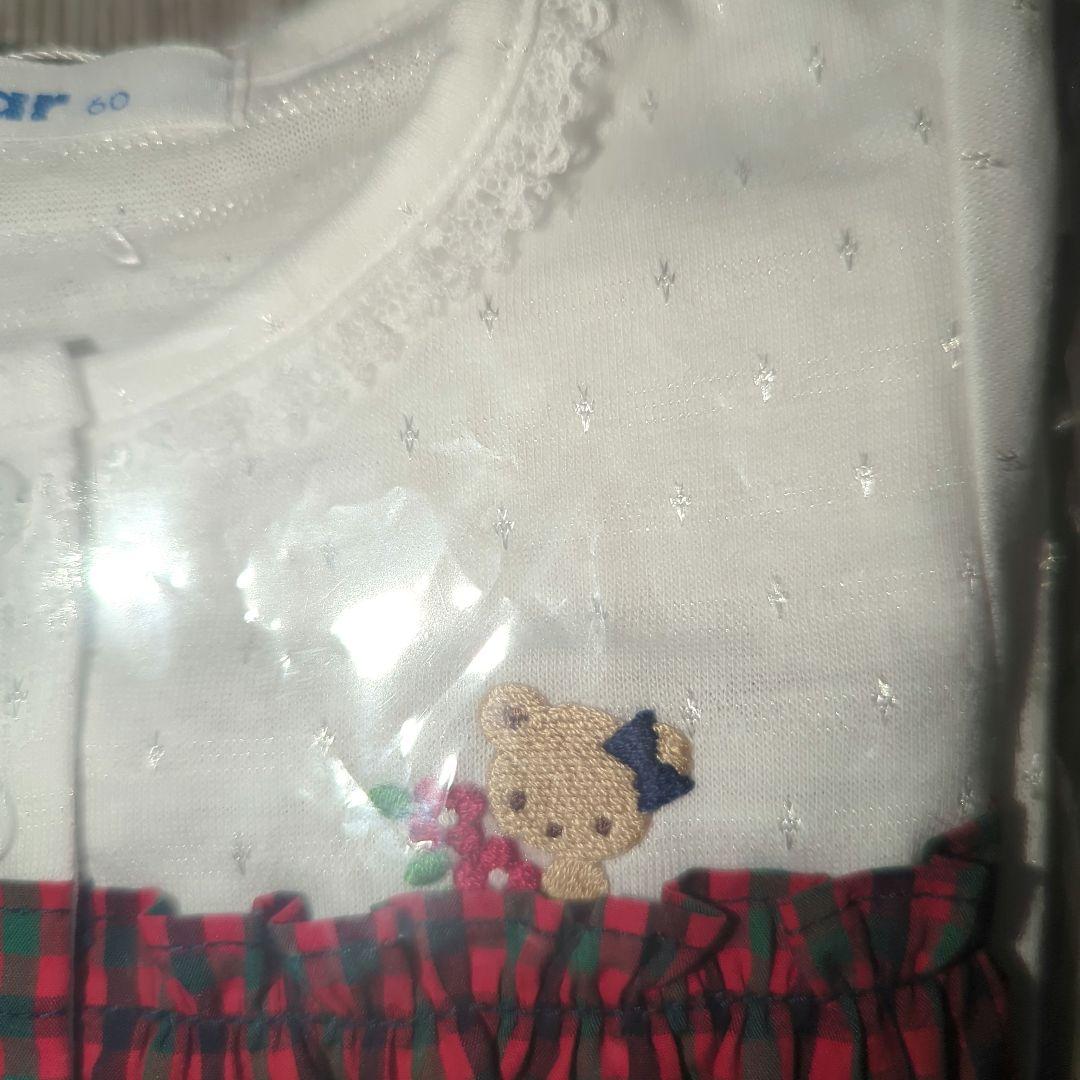 familiar 赤 チェック柄カバーオール 60cm ★ロンパース　春夏〜秋