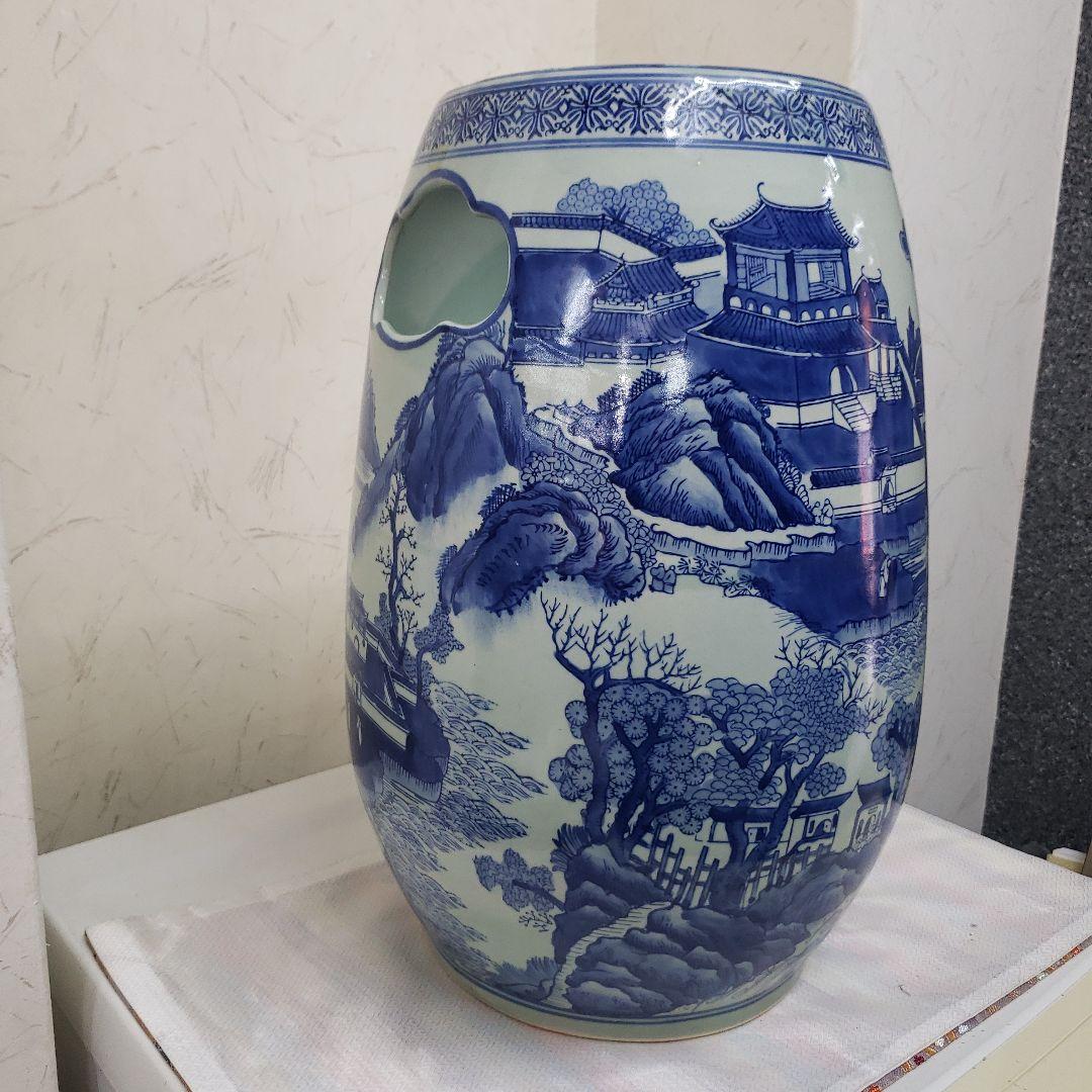 蔵出し特価　景徳鎮陶器製花瓶 風景画デザイン　持ち手付き