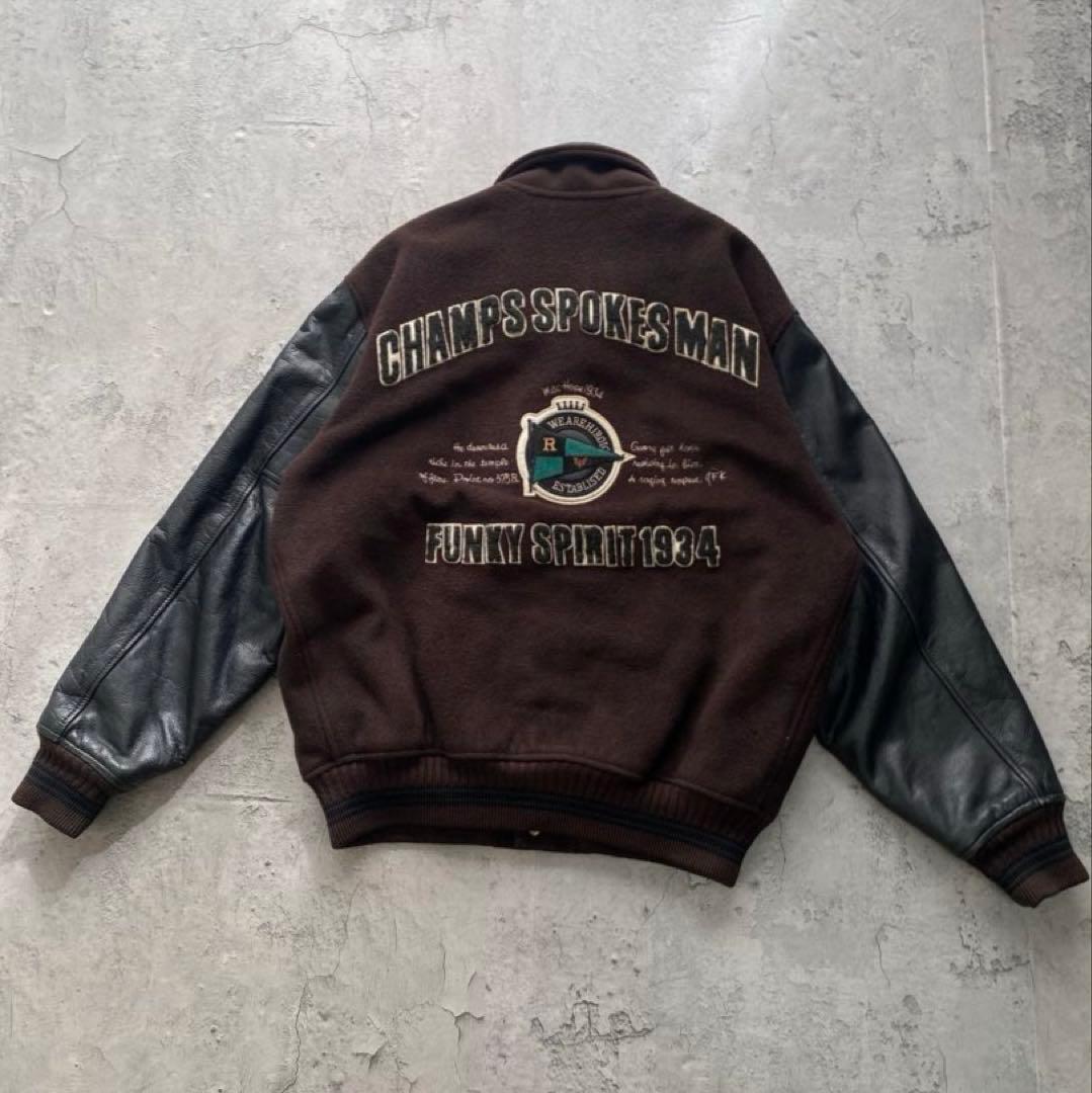 USA古着 スタジャン ジャケット レザー 刺繍 ワッペン ブラウン