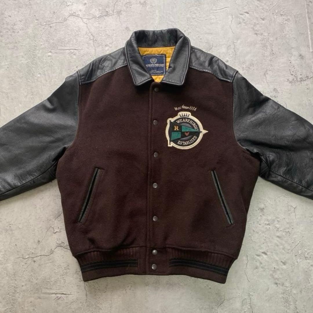 USA古着 スタジャン ジャケット レザー 刺繍 ワッペン ブラウン