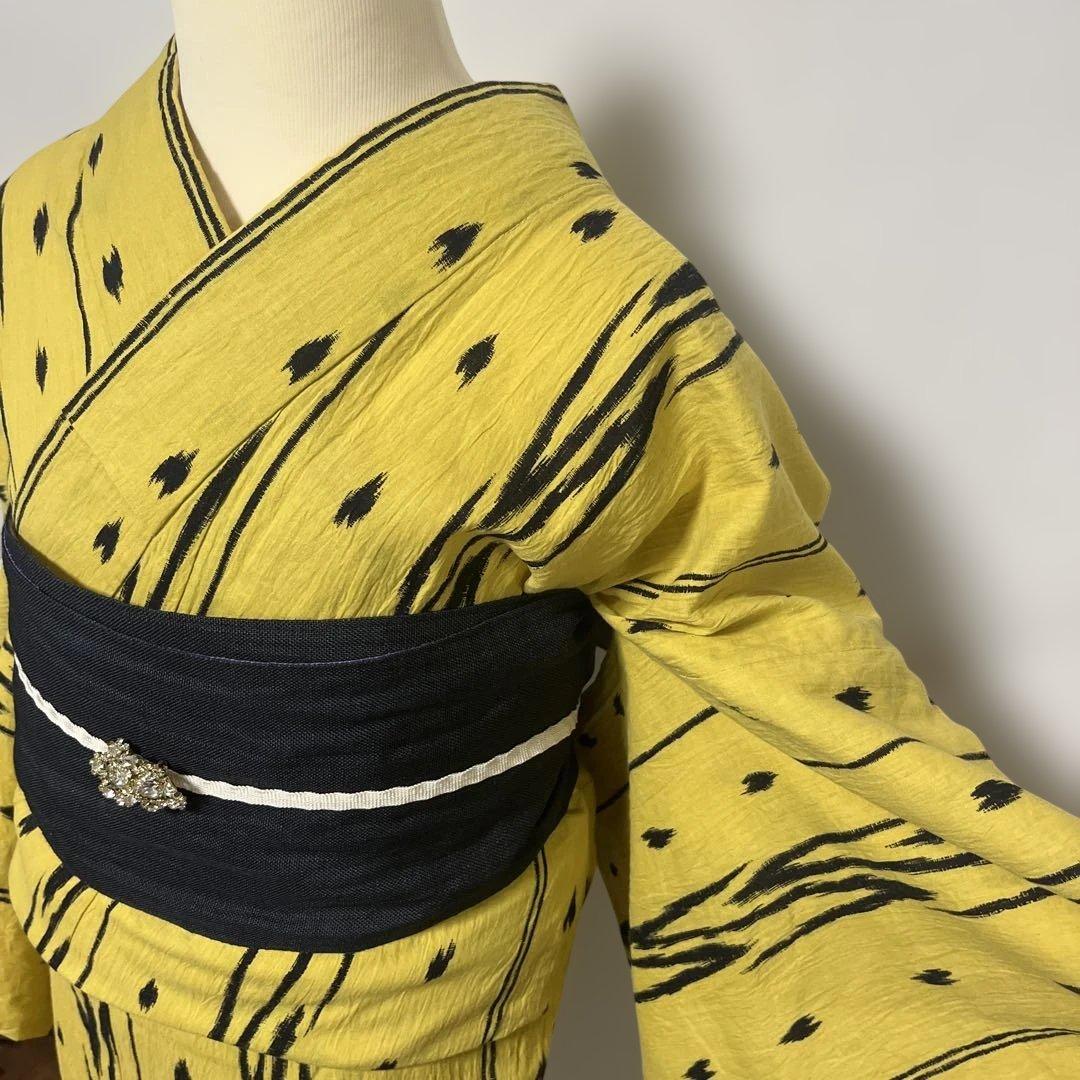 a-09 辛子色　からし色　イエロー　黒　浴衣　綿麻　　裄71 裄長め