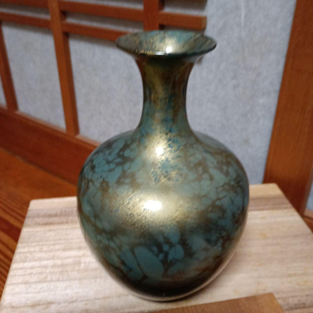青緑金属花瓶 木箱付き