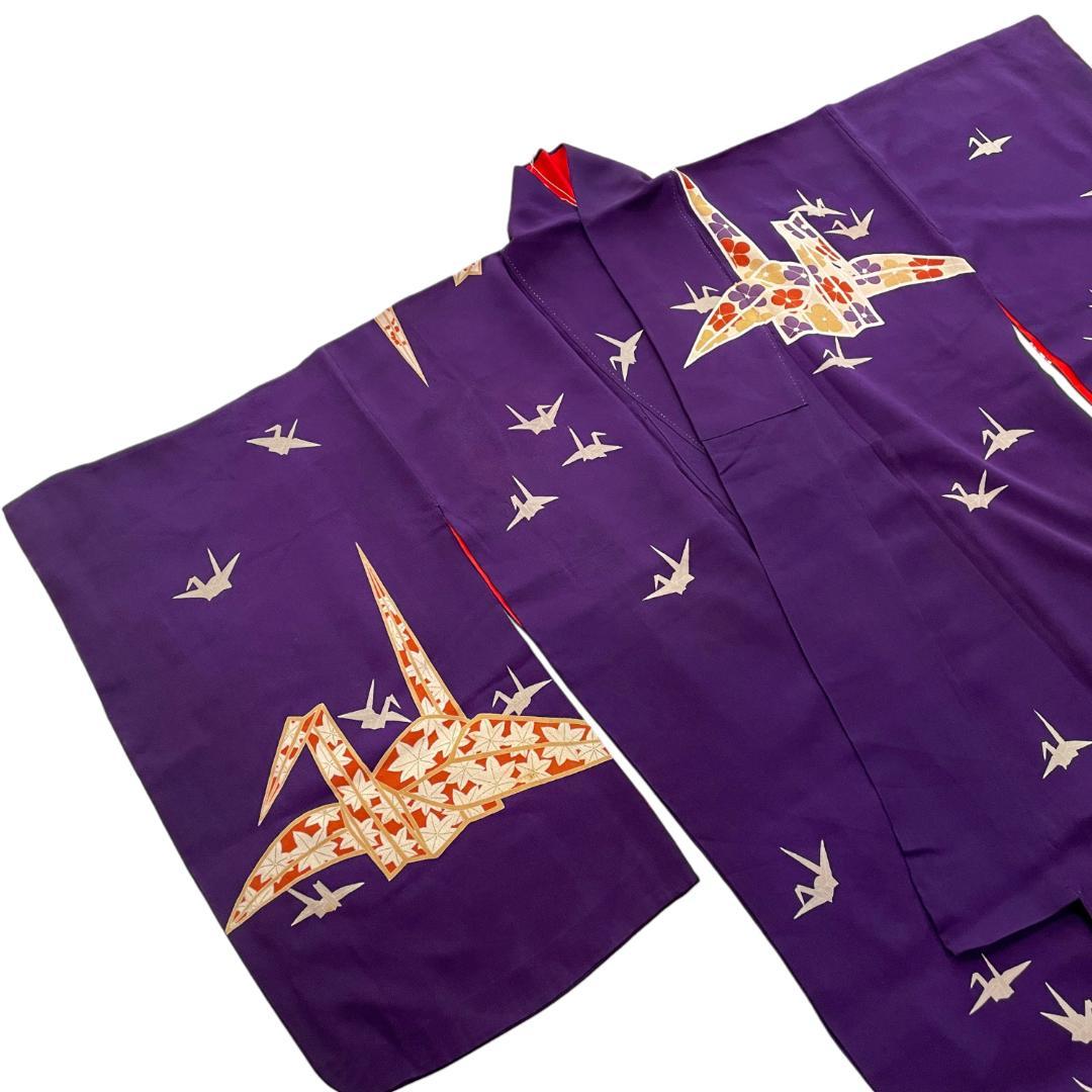 訪問着 一つ紋 正絹 ちりめん 金彩 折り鶴 紫 アンティーク着物 A-2722