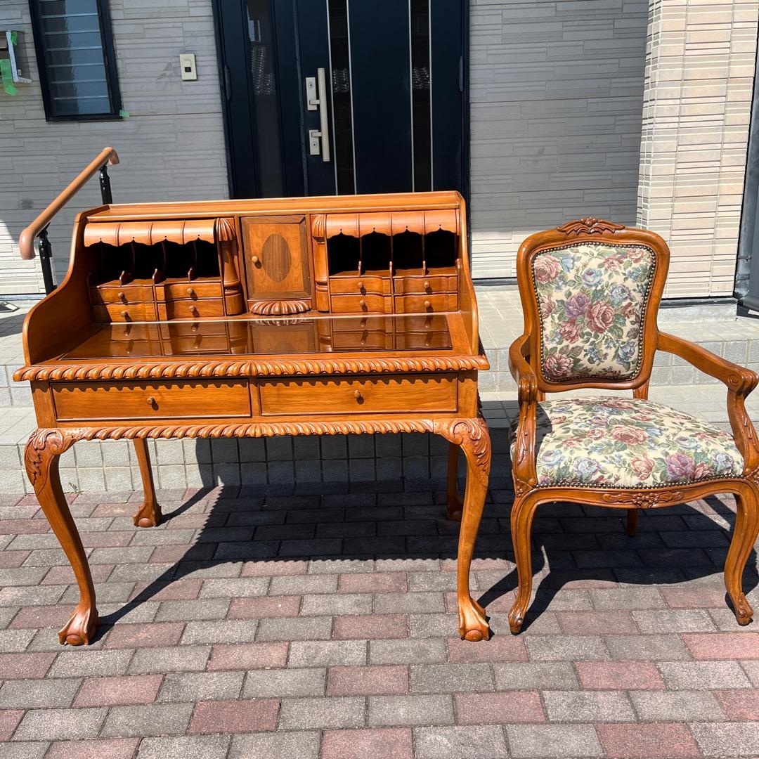 高級 ヨーロッパ アンティーク 猫脚 書斎机 ビンテージ 木製机 豪華 ロココ調