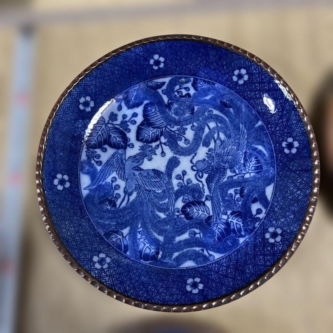 s233.伊万里染付印判、イゲ皿、青色の花と鳥模様の皿4枚セット寸法33センチ