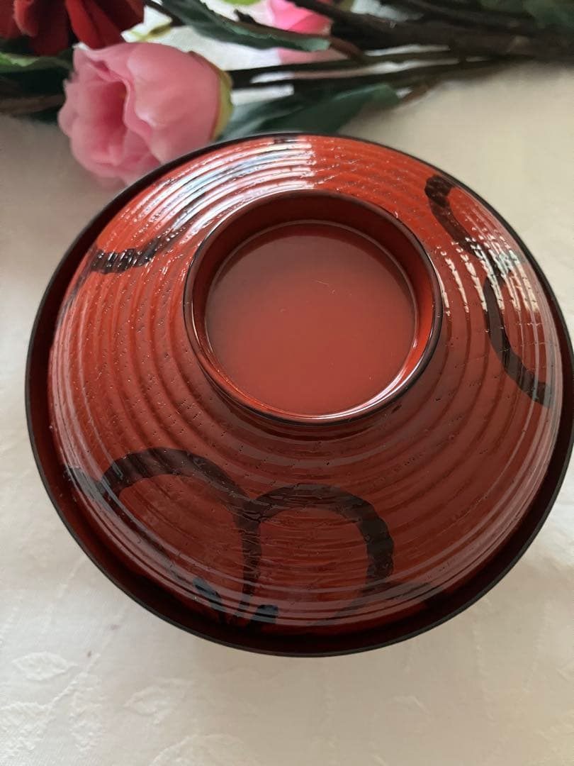 未使用❤️希少 アソベ光石謹製 朱色 梅柄蓋つき煮物椀5個 木箱付き