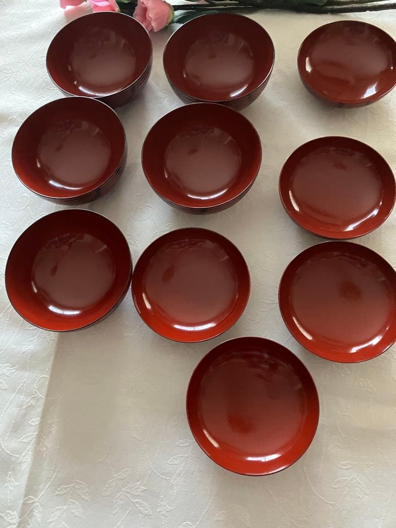 未使用❤️希少 アソベ光石謹製 朱色 梅柄蓋つき煮物椀5個 木箱付き