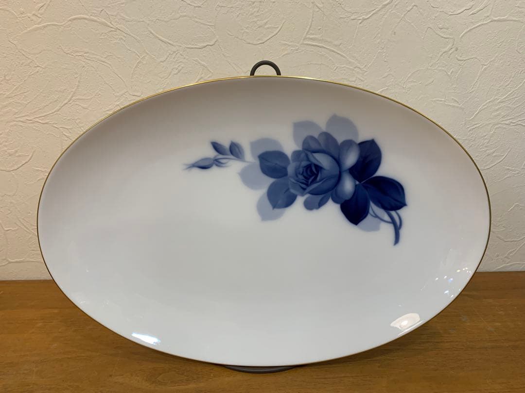 N1129-25★大倉陶園 青いバラデザインの楕円形皿　約39.5㎝