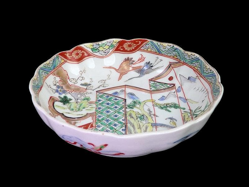 古伊万里　色絵　屏風図に双鶴の図　膾皿　５枚　D299AS-fbty