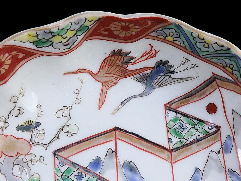古伊万里　色絵　屏風図に双鶴の図　膾皿　５枚　D299AS-fbty