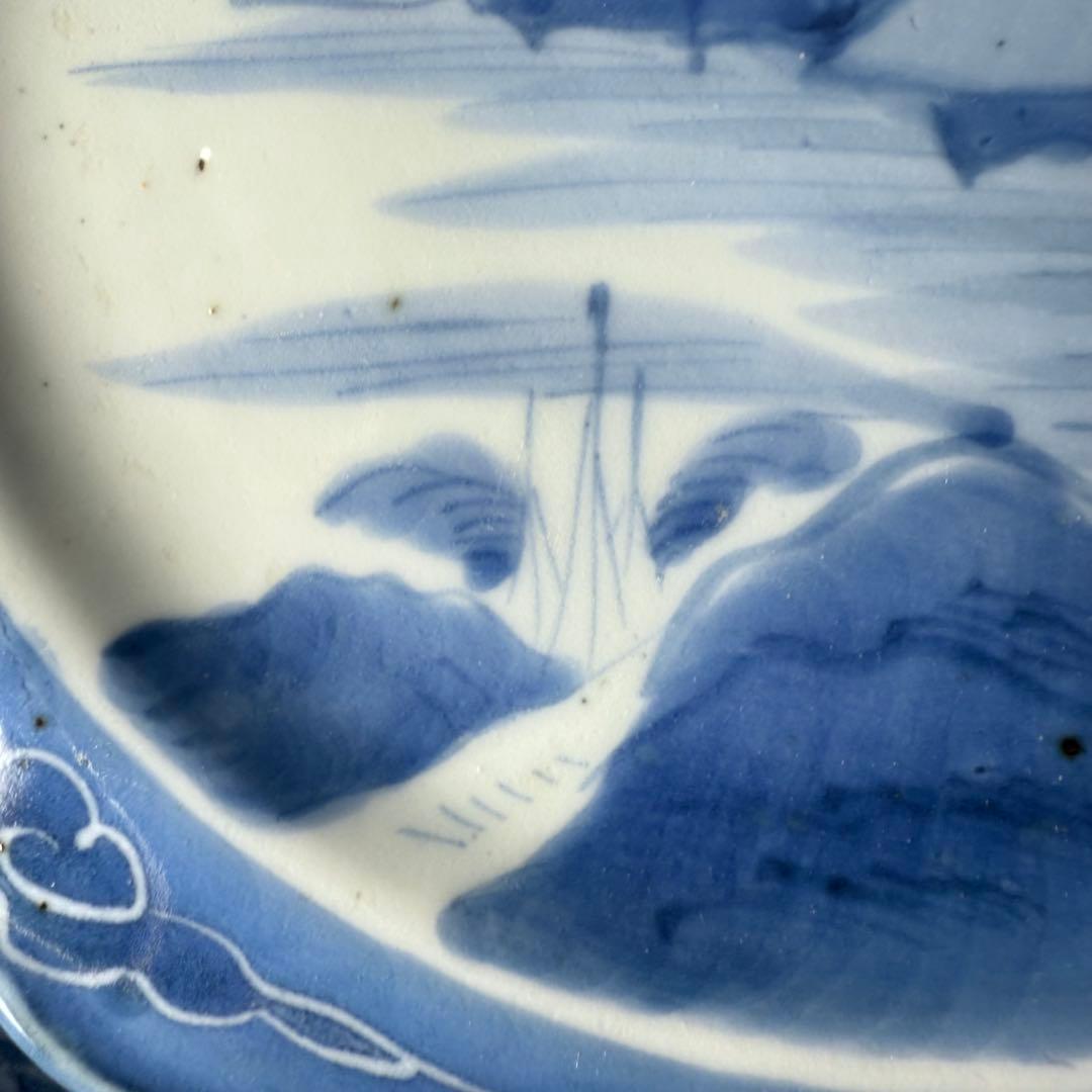 古伊万里　染付風景画輪花皿　十枚　墨弾き　ケーキ皿　デザート皿　古民家カフェ