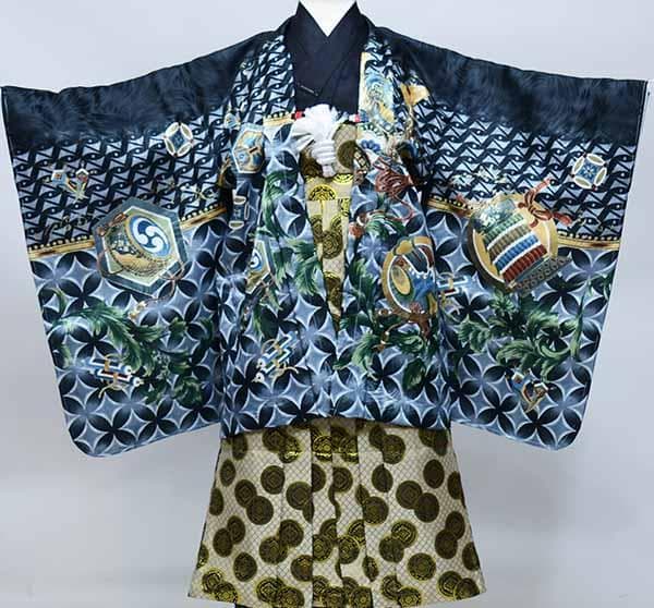 七五三 五歳 男児 羽織袴フルセット 黒地 兜 袴変更可 NO37799