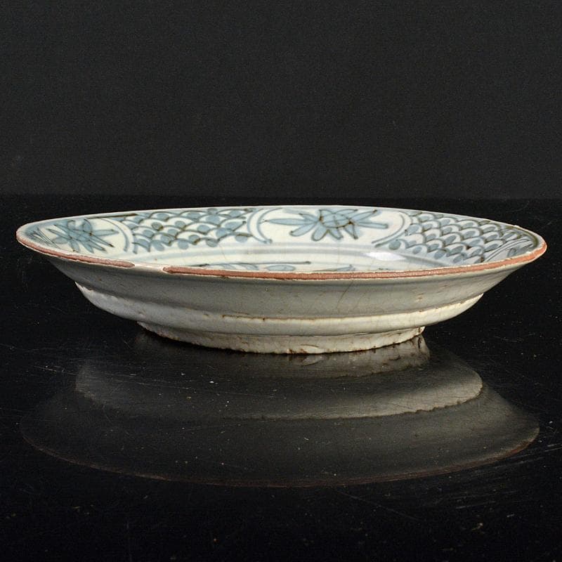 中国　古染付　青花芙蓉手　花鳥文盤　皿　C　R6823