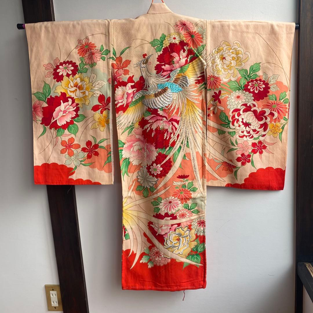 アンティーク　七五三　正月　子供用 花柄 鳳凰刺繍 着物