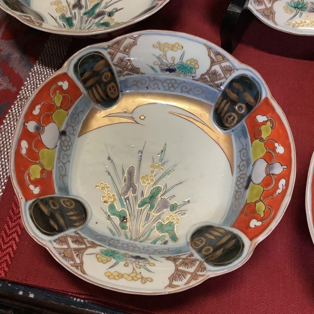 古伊万里　金彩色絵　絵皿　白鷺瓢箪　福紋　5客　江戸　李朝・大聖寺・九谷焼好きも