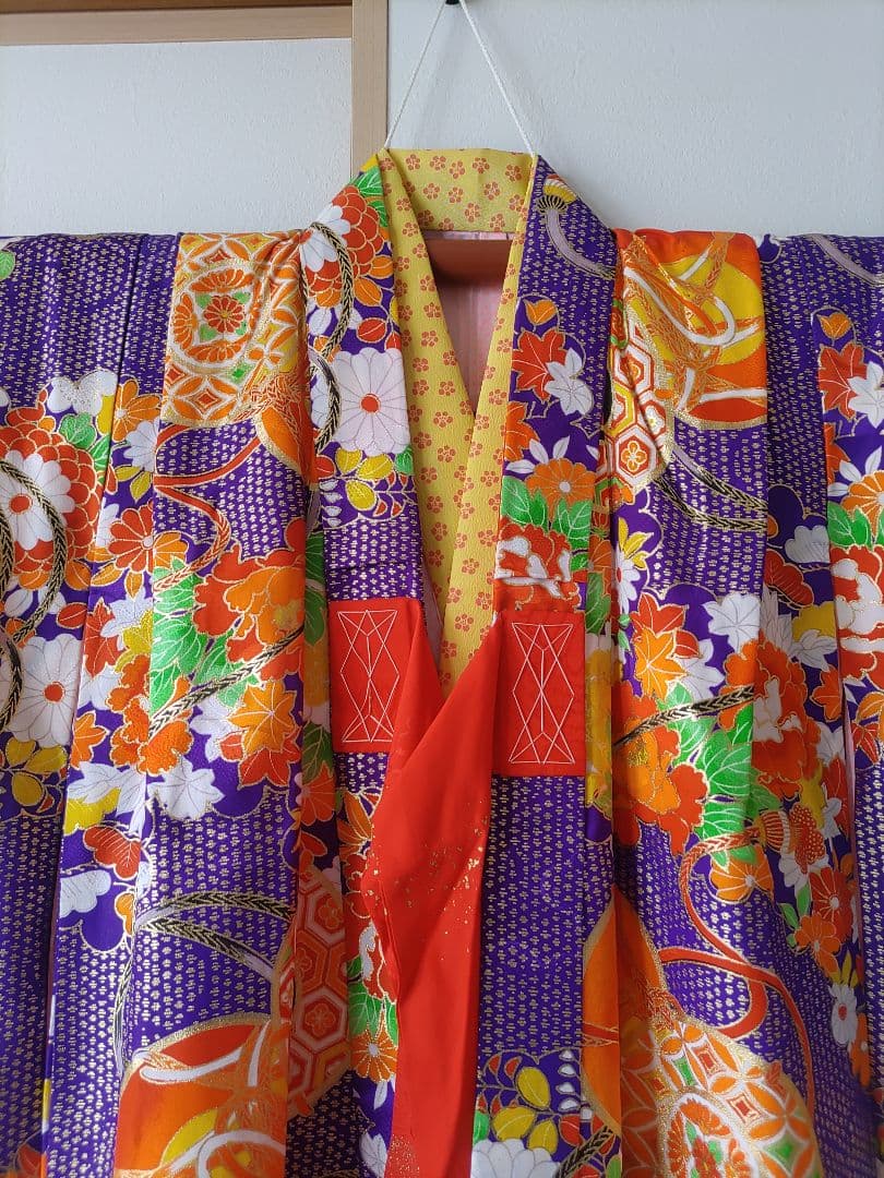 七五三用着物　7歳　紺　紫　金　フルセット　作り帯　正統派　レトロ　まとめて　緑