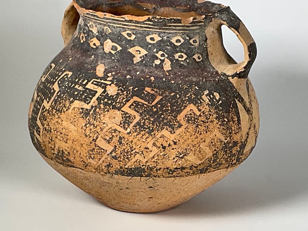 バンチェン土器　彩陶双耳壺　タイ古陶磁　発掘　幾何学　アンダーソン　高さ14cm