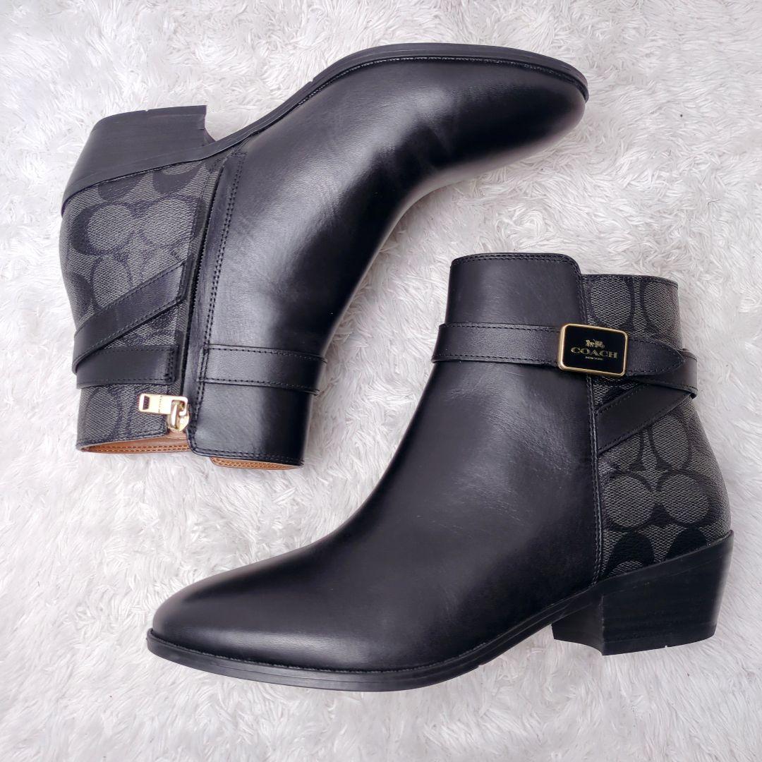 【未使用級】COACH コーチ ショートブーツ レザー ブラック シグネイチャー