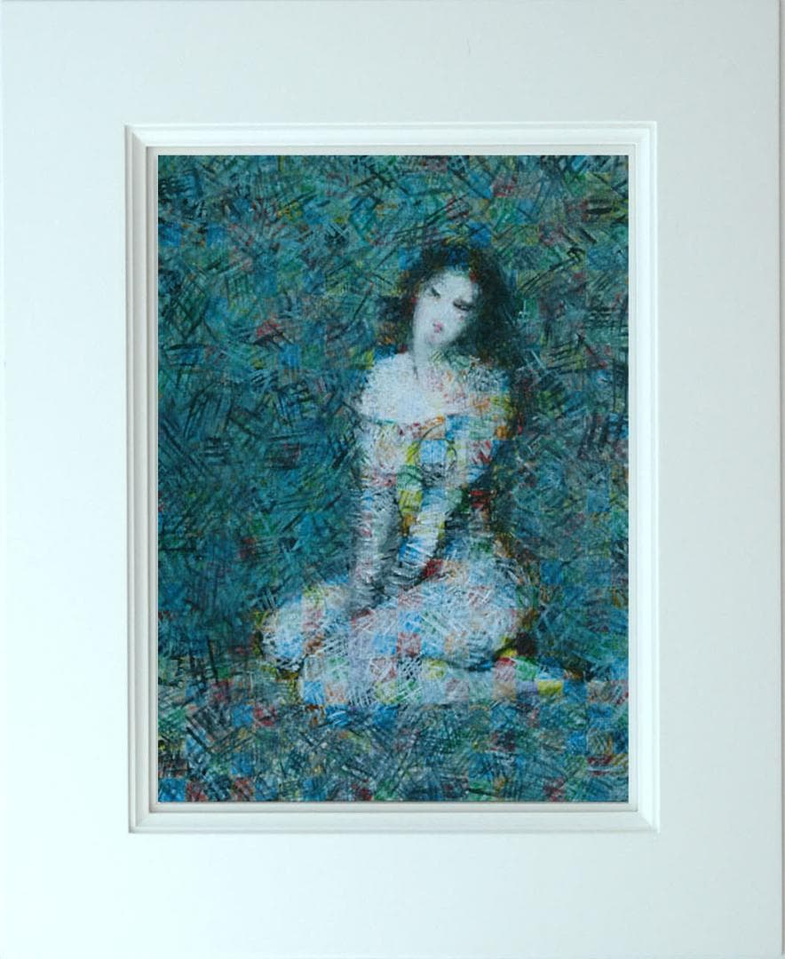 油絵 菅家令子 絵 絵画インテリア額付(青緑＋金色の枠)uF6-010611女性