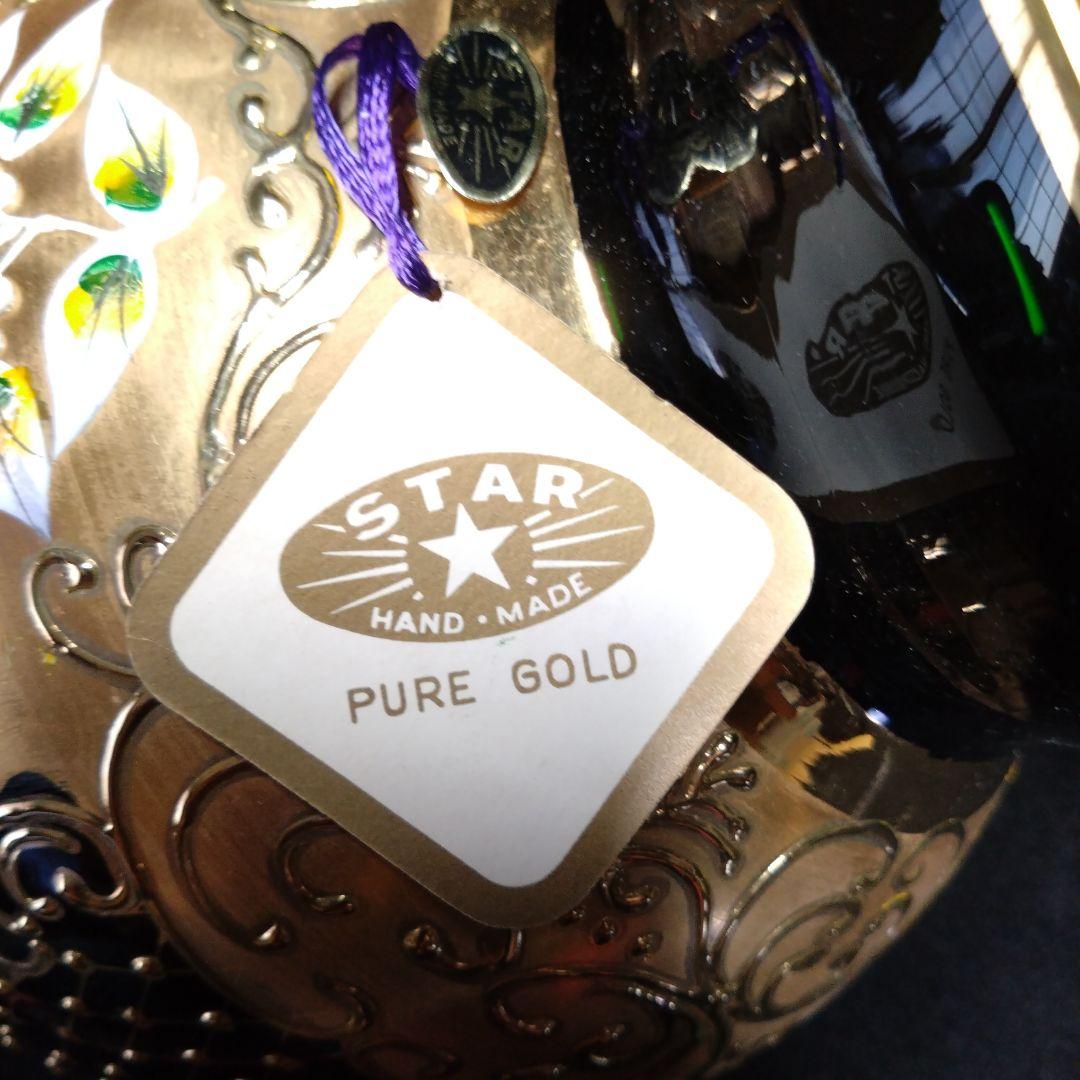 【ヴェネツィアグラス】フラワーベース　グリーンガラスにゴールド　白い花の盛り絵付