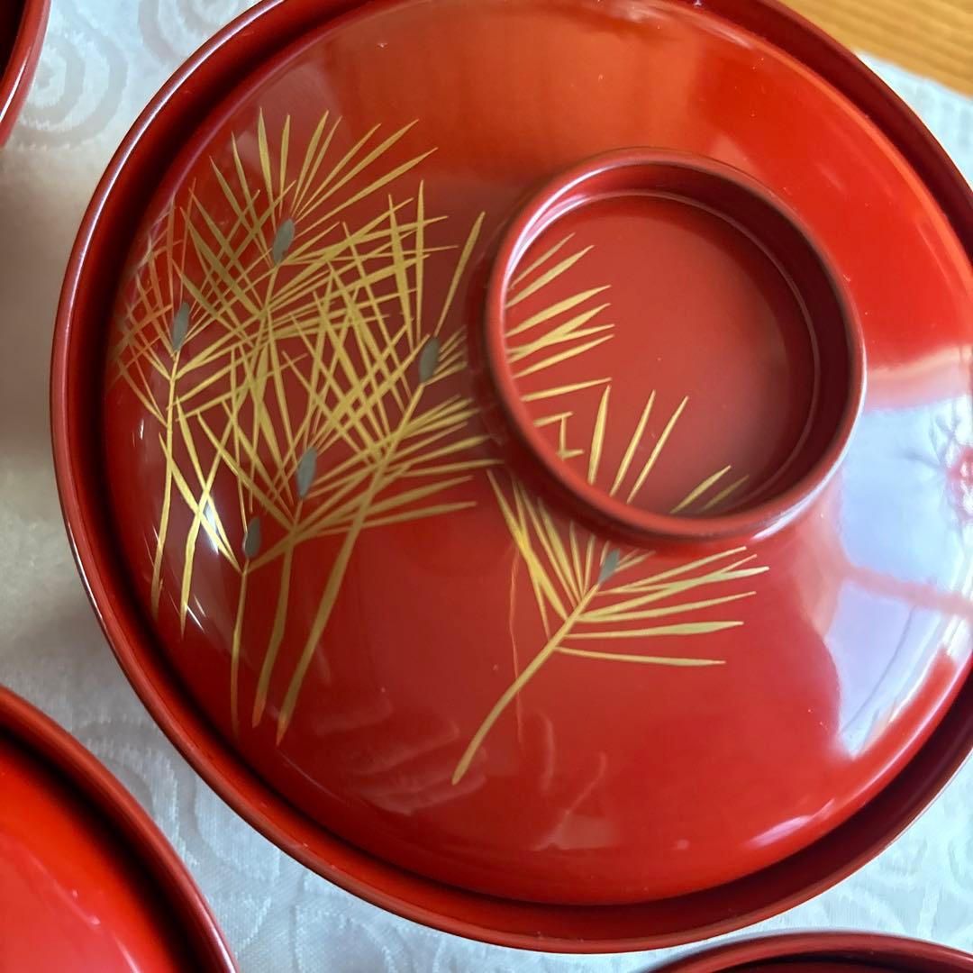 輪島塗り蒔絵松葉吸い物椀5客　 大正頃