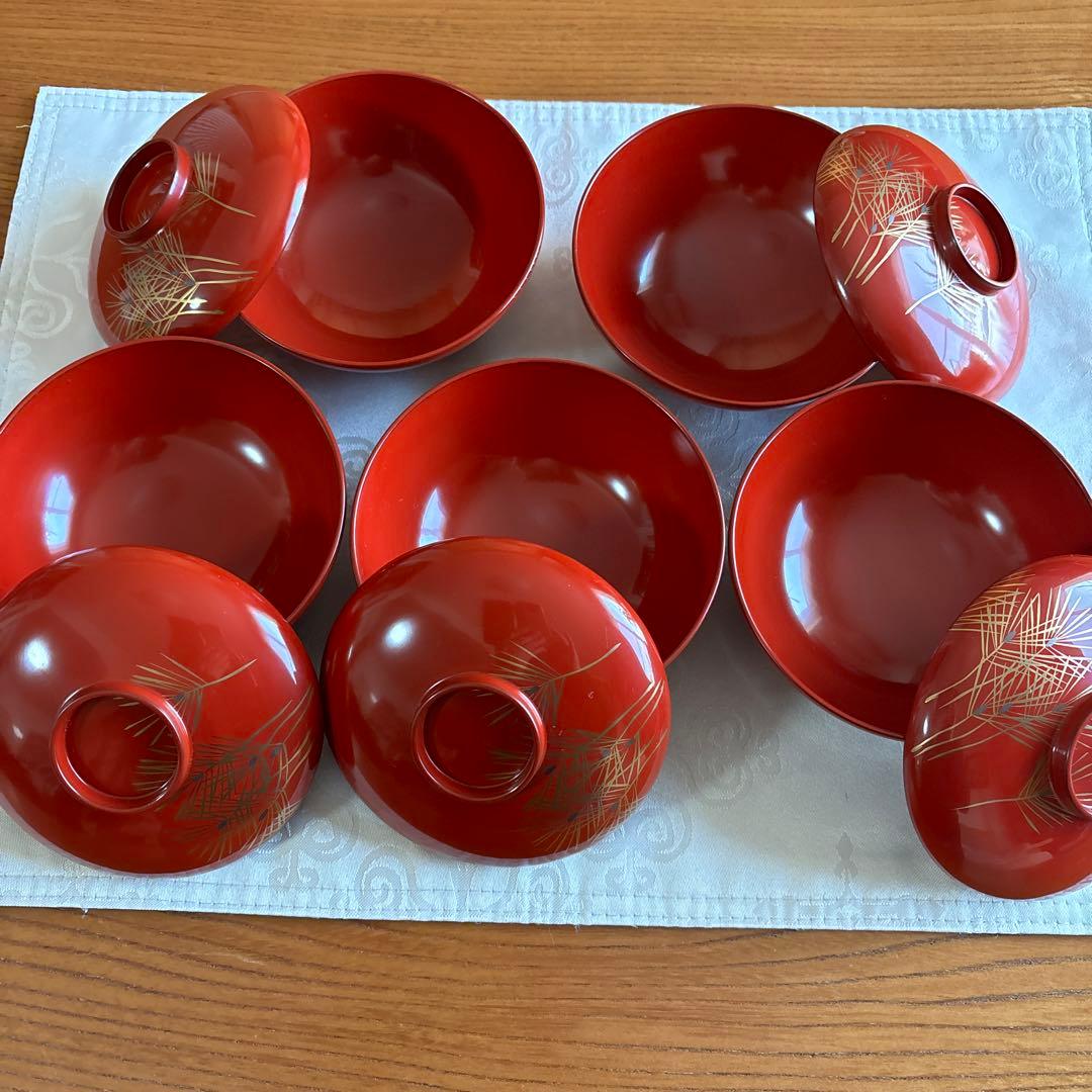 輪島塗り蒔絵松葉吸い物椀5客　 大正頃