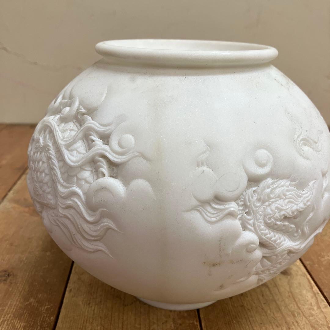 D-4 アンティーク 白大理石 龍彫刻 浮彫 丸壺 香炉 花器 縁起物 骨董