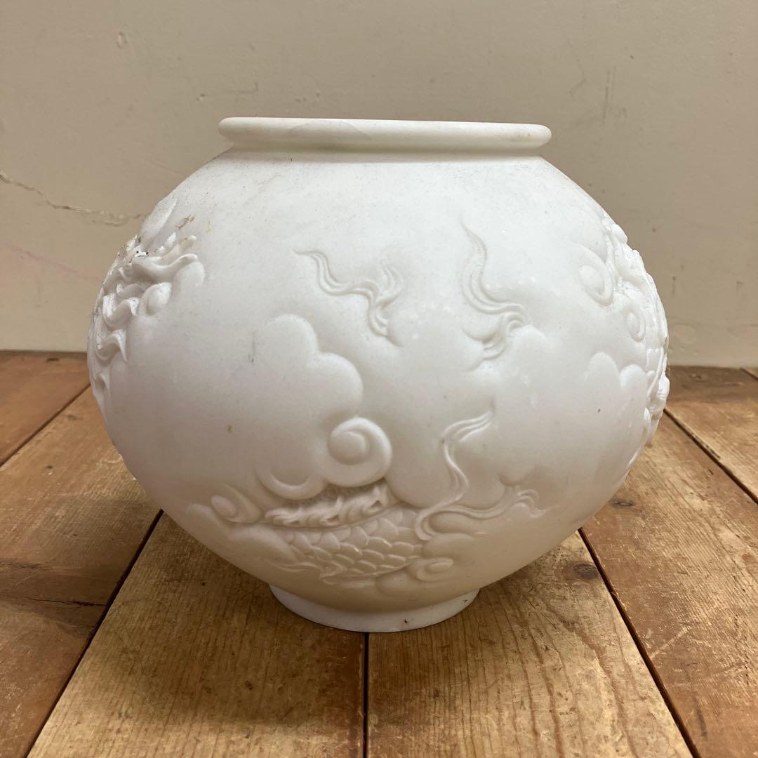 D-4 アンティーク 白大理石 龍彫刻 浮彫 丸壺 香炉 花器 縁起物 骨董
