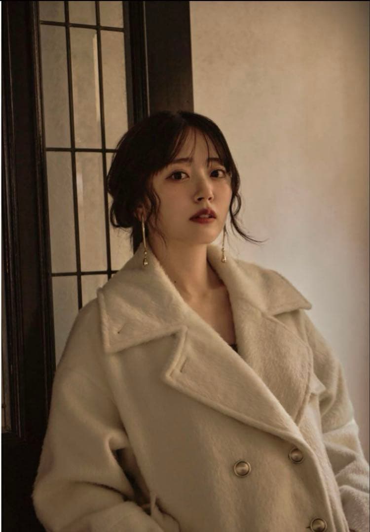 完売品midealマイディール鈴木愛理着ウール混シャギーミドルコートアイボリー白