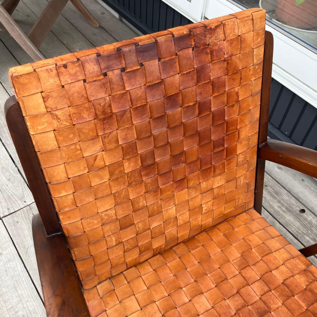 北欧レトロ 木製フレーム メッシュレザーアームチェア 一人掛けソファー 古家具