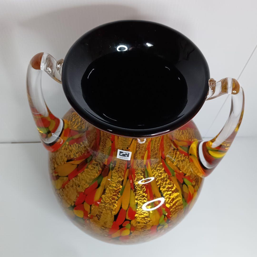 上越クリスタル　ガラス花瓶　クラタクラフトグラス　マーブル金箔入り　シール付美品