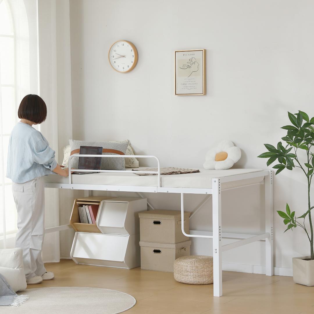 【ホワイト】高さ90cmロフトベッド パイプベッド シングルベッド 高さ調整可能