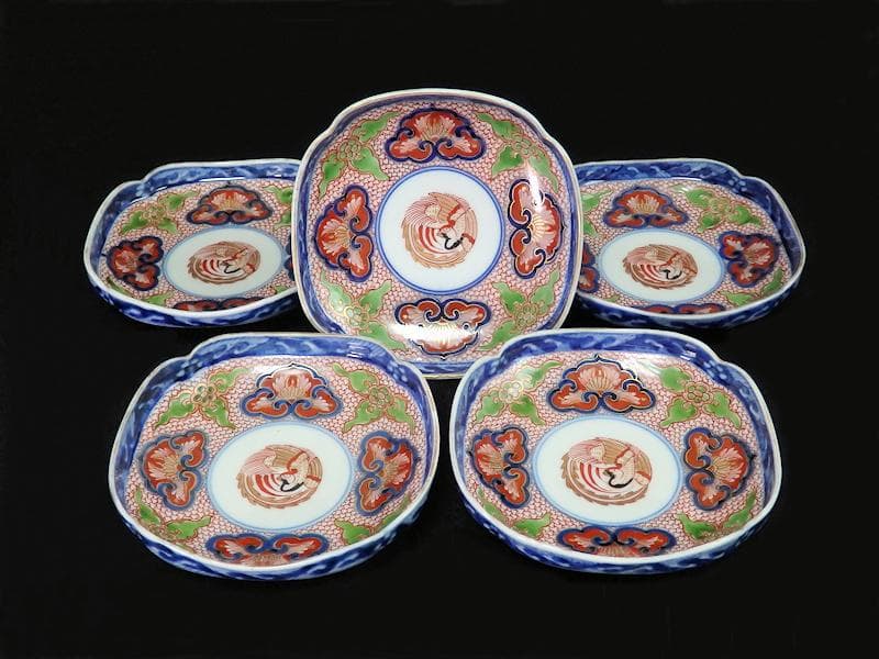 大聖寺伊万里　金襴手鳳凰に毘沙門亀甲紋の図　四方角皿　５枚B249AS-fbbg