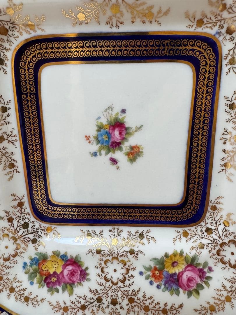 コウルドン 金彩 コバルトブルー 花柄 スクエアプレート 英国皿26cm