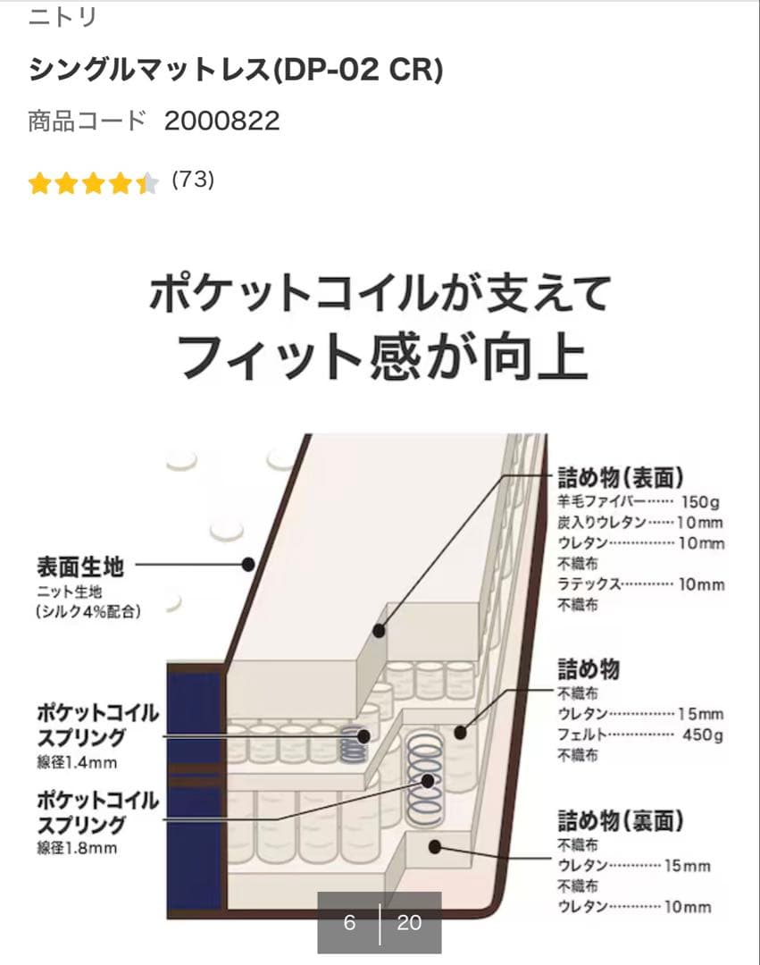 (お値引き)【中古美品】ニトリ　シングルマットレス DP-02 CR